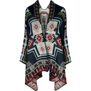 Aztec Hooded Open Front Cardigan - Navy & Rust